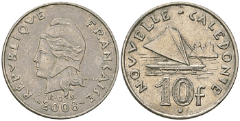 Французская Новая Каледония 10 франков 2008 рыбачья парусная лодка, (IEOM) KM 11a, Schoen 13a, Lec 99k медно-никель 60-332