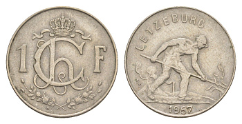 Люксембург 1 франк 1957 Шарлотта (1918-1964), сталевар KM 46.2 медно-никель 4643-529