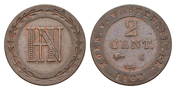 Вестфалия 2 сантима 1809 C, Жером Бонапарт (1807-1813), из коллекции Ричарда Б. Смита Smith 296, KM 90, ASK 42 медь 1525-1112
