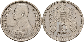 Монако 10 франков 1946 Луи II (1922-1949) KM 123 медно-никель 4601-955