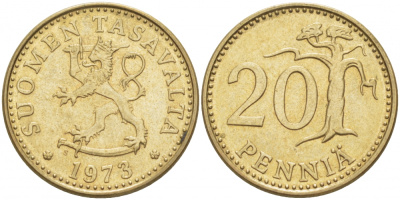 ФИНЛЯНДИЯ 20 ПЕННИ 1973 S KM 47 алюминиевая бронза 3718-1247