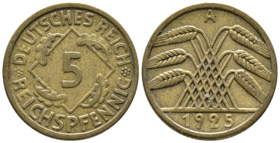 Германия 5 рейхспфеннигов 1925 A KM 39, J. 316, Weege 7 алюминиевая бронза 39-549