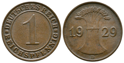 ГЕРМАНИЯ 1 РЕЙХСПФЕННИГ 1929 D KM 37, J. 313 бронза 4380-1163