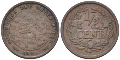 НИДЕРЛАНДЫ 1/2 ЦЕНТА 1938 ВИЛЬГЕЛЬМИНА (1890-1948) KM 138 бронза 76-138