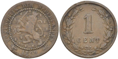 НИДЕРЛАНДЫ 1 ЦЕНТ 1899 ВИЛЬГЕЛЬМИНА I (1891-1948) KM 107 бронза 4547-1262