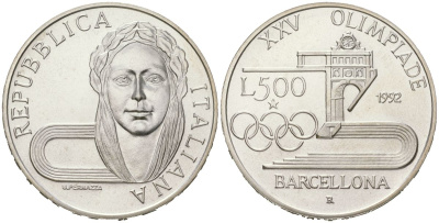 Италия 500 лир 1992 R, XXV Летние Олимпийские игры, Барселона 1992 KM 153 серебро BU 4367-1033