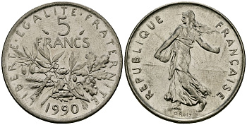Франция 5 франков 1990 KM 926a медно-никель плакированный никелем 4120-444