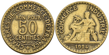 Франция 50 сантимов 1924 KM 884 алюминиевая бронза 4596-522