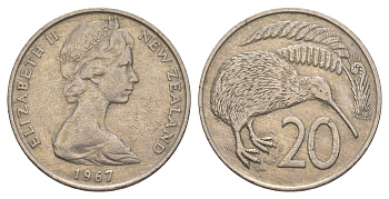 Новая Зеландия 20 центов 1967 Елизавета II (1952-2022), птичка киви KM 36.1 медно-никель 4182-553