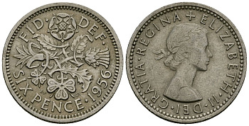 Великобритания 6 пенсов 1956 Елизавета II (1952-2022) KM 903, Spink 4149 медно-никель 4174-213