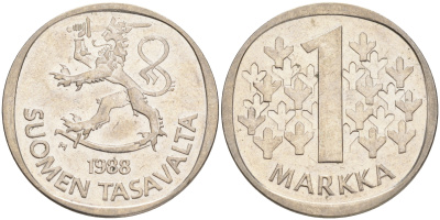 ФИНЛЯНДИЯ 1 МАРКА 1988 M KM 49а медно-никель 4556-756