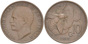 ИТАЛИЯ 10 ЧЕНТЕЗИМО 1923 R, МОНДВОР РИМ, ВИКТОР ЭММАНУИЛ III (1900-1946) KM 60 медь 4525-246