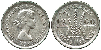 Австралия 3 пенса 1960 m, Елизавета II (1952-2022) KM 57 серебро 71-638