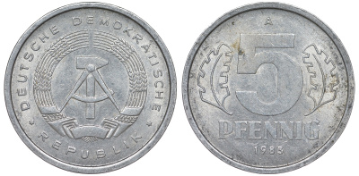 ГДР 5 ПФЕННИГОВ 1983 A КМ 9.2 алюминий 62-446