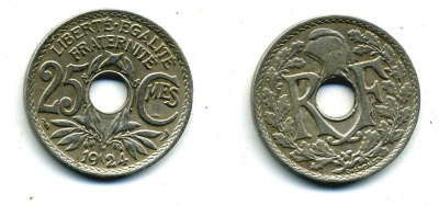 ФРАНЦИЯ 25 САНТИМОВ 1924 KM 867а медно-никель 84-414