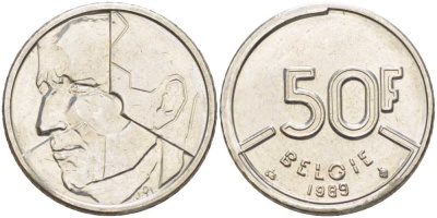 БЕЛЬГИЯ 50 ФРАНКОВ 1989 BELGIE, БОДУЭН I (1951-1993) KM 169 никель 4383-933