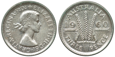 Австралия 3 пенса 1960 m, Елизавета II (1952-2022) KM 57 серебро 71-638