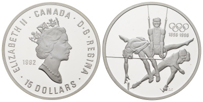 Канада 15 долларов 1992 100 лет Олимпийским играм KM 216 серебро PROOF 11-154-42