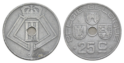 Бельгия 25 сантимов 1944 Belgie - Belgique, Леопольд III (1934-1947), германская оккупация, Вторая мировая война KM 132 цинк 4619-846