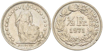 Швейцария 1/2 франка 1971 KM 23а.1 медно-никель 220-237