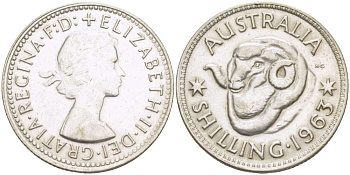 Австралия 1 шиллинг 1963 m, Елизавета II (1952-2022), овца меринос KM 59 серебро 00-00