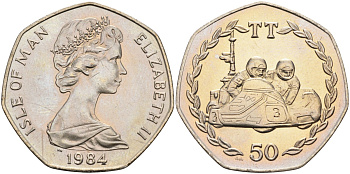 Остров Мэн 50 пенсов 1984 АА, мотогонки, Елизавета II (1952) KM 126 медно-никель UNC 4583-636