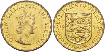 Джерси 1/12 шиллинга 1957 Елизавета II (1952-2022) KM 21 бронза 3996-321