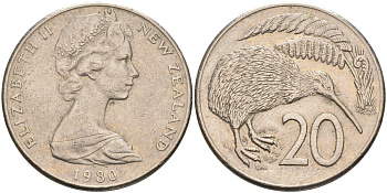 Новая Зеландия 20 центов 1980 Елизавета II (1952-2022), птичка киви KM 36.1 медно-никель 4131-1136