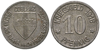 Кобленц 10 пфеннигов 1918 Funck 80.1A, Men05 4526.1, Men18 5727.1 железо 99-431