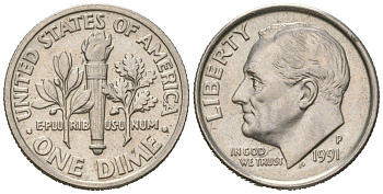 США 10 центов (дайм) 1991 P, президент Рузвельт KM 195a медь плакированная медно-никелем UNC 218-121