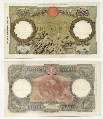 Италия 100 лир 1943 23 августа 1943 Pick 68, Grapanzano 221A  бумага   451-145-1