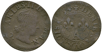 ФРАНЦИЯ, НЕВЕЛЬ И РЕТЕЛЬ ДЕНЬЕ ТУРНУА 1553 ШАРЛЬ II ДЕНЕВЕР (1609-1631) KM 47 медь 99-967