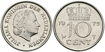 НИДЕРЛАНДЫ 10 ЦЕНТОВ 1975 ЮЛИАНА KM 182 никель 96-512