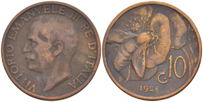 Италия 10 чентезимо 1928 R, Виктор Эммануил III (1900-1946), пчела KM 60 бронза 4544-1111