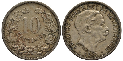 ЛЮКСЕМБУРГ 10 САНТИМОВ 1901 ВЕЛИКИЙ ГЕРЦОГ АДОЛЬФ (1890-1905) КМ 25 медно-никель 4538-715
