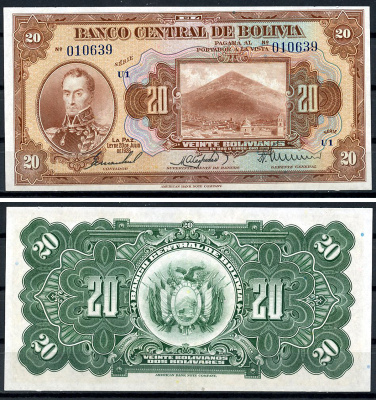 Боливия 20 боливиано 1928 Симон Боливар, Потоси, серия U1 Pick 122 a (8)  бумага  aUNC 444-16-2-1