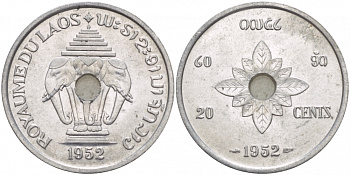 Лаос 20 центов 1952 король Сисаванг Вонг (1904-1959), слоны KM 5 алюминий 4545-511