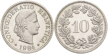 ШВЕЙЦАРИЯ 10 РАППЕНОВ 1984 KM 27 медно-никель 55-525
