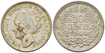 Нидерланды 10 центов 1944 Вильгельмина (1890-1948) KM 163 серебро aUNC 66-1236
