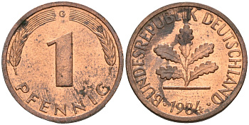 ФРГ 1 пфенниг 1984 G KM 105, J.380 сталь плакированная медью 3309-937