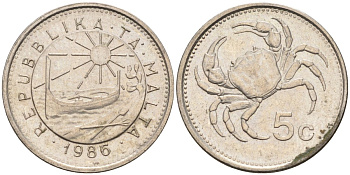 Мальта 5 центов 1986 краб KM 77 медно-никель 4549-545