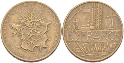 Франция 10 франков 1984 тип Матье KM 940, Le Franc 365.23-24 никель латунь 111-1022