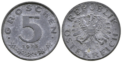 АВСТРИЯ 5 ГРОШЕЙ 1973 KM 2875 цинк 57-1122