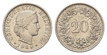 Швейцария 20 раппенов 1968 KM 29a медно-никель 4685-269