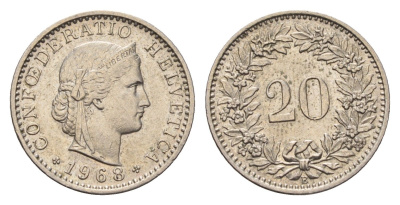 Швейцария 20 раппенов 1968 KM 29a медно-никель 4685-269