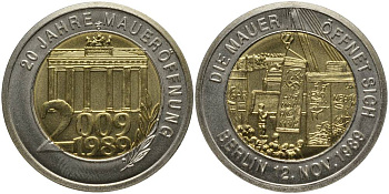 ГЕРМАНИЯ МЕДАЛЬ 2009 СЕРИЯ 20 ЛЕТ ВОССОЕДИНЕНИЯ, БЕРЛИН 12 НОЯБРЯ 1989, СНОС СТЕНЫ, С СЕРТИФИКАТОМ биметалл UNC 02-109-31