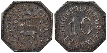 Германия, Зигмаринген 10 пфеннигов 1918 Баден-Вюртемберг, нотгельд железо 4119-1243