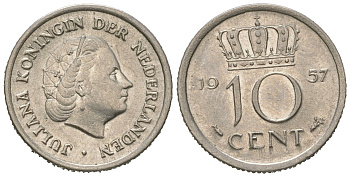 Нидерланды 10 центов 1957 Юлиана (1948-1980) KM 182 никель 4621-614