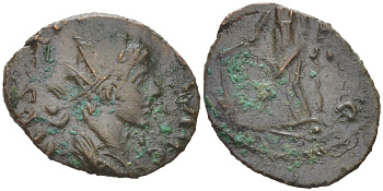 Римская Империя, императоры в Галлии антониниан 273 - 274 Тетрик II, C PIV TETRICVS P CAES, бюст цезаря / HILARI AVG, Хиларитата, персонификация Радости, Августа Треверов RIC 231 биллон 1073-24-45