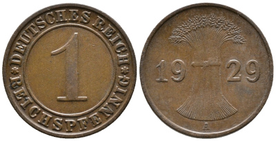 ГЕРМАНИЯ 1 РЕЙХСПФЕННИГ 1929 A KM 37, J. 313 бронза 39-1015